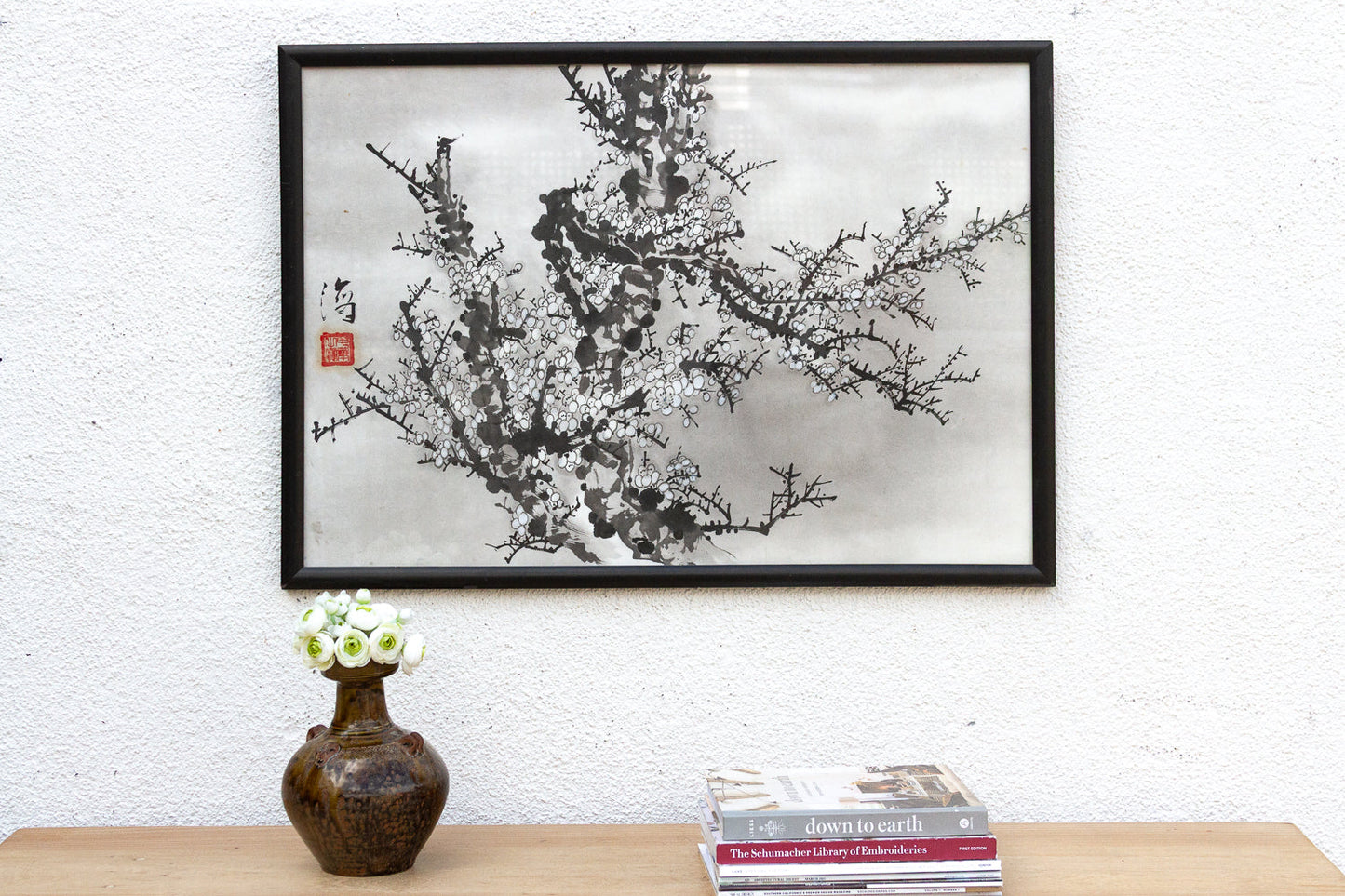 Framed Vintage Chinese Ink Wash Plum Blossom Painting