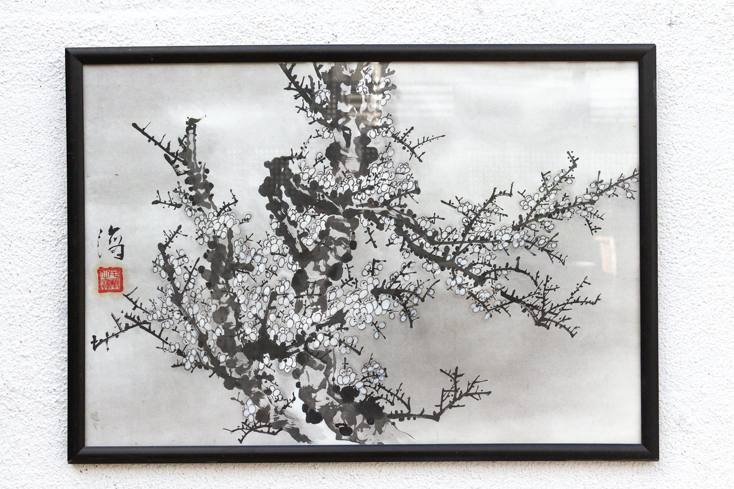 Framed Vintage Chinese Ink Wash Plum Blossom Painting