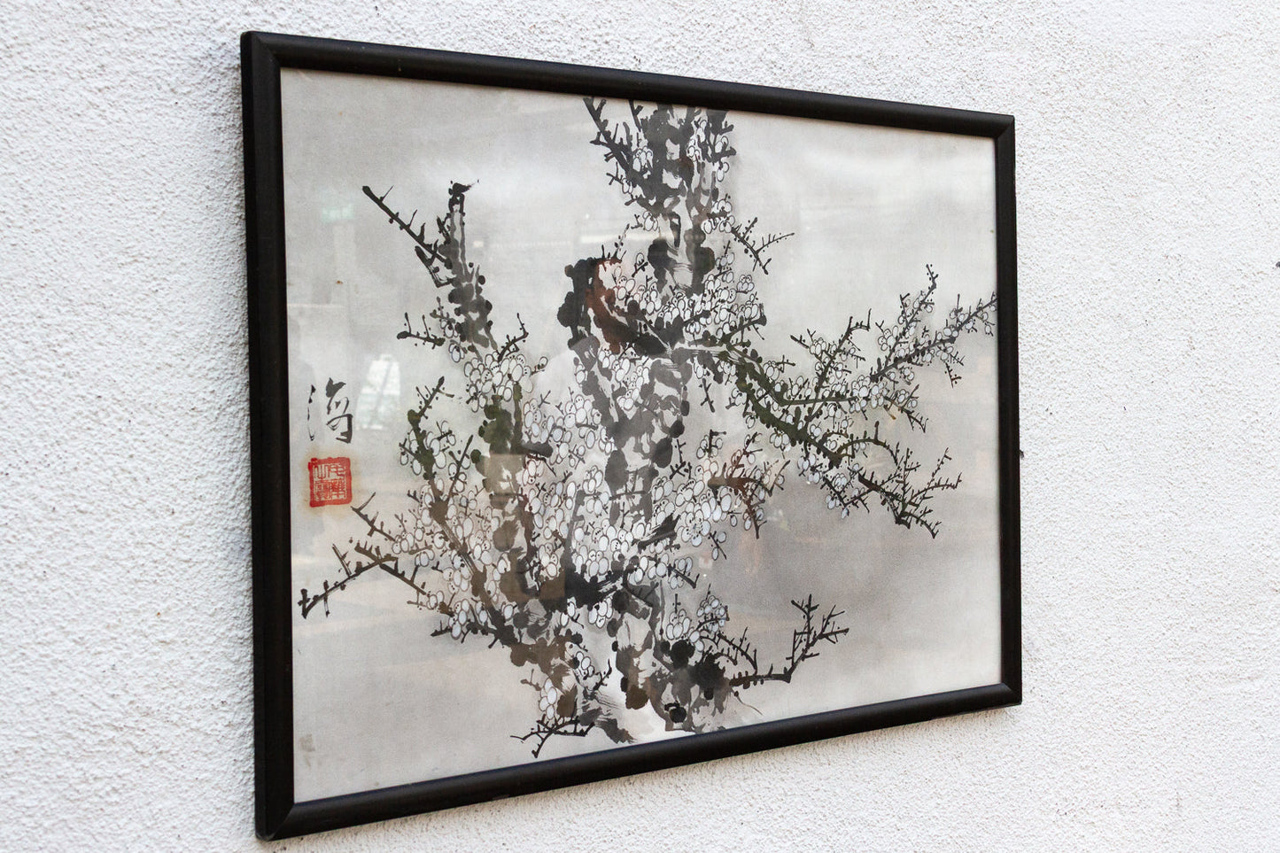 Framed Vintage Chinese Ink Wash Plum Blossom Painting