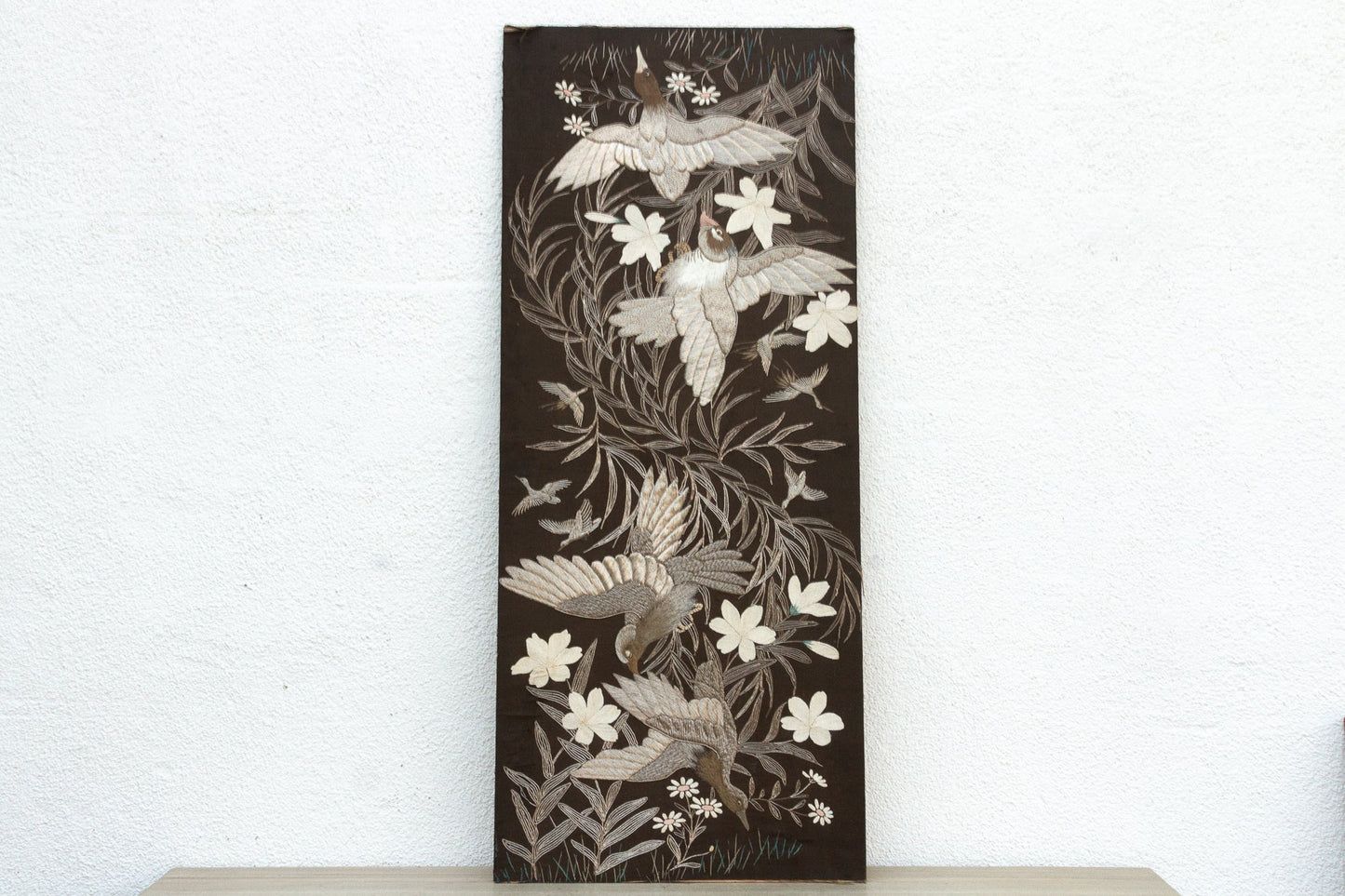 Mid-Century Vintage Embroidered Flying Birds Textile Art
