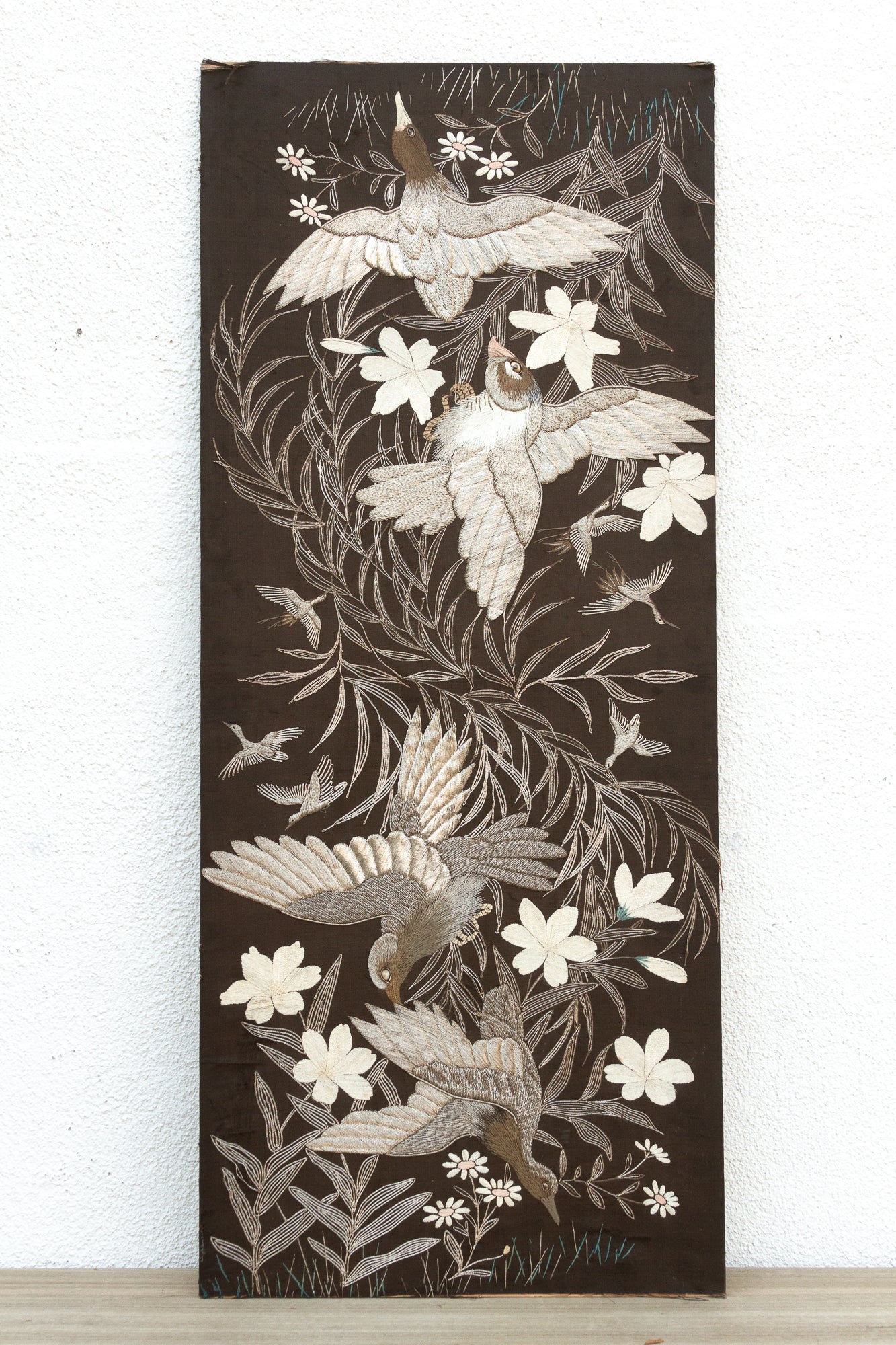 Mid-Century Vintage Embroidered Flying Birds Textile Art