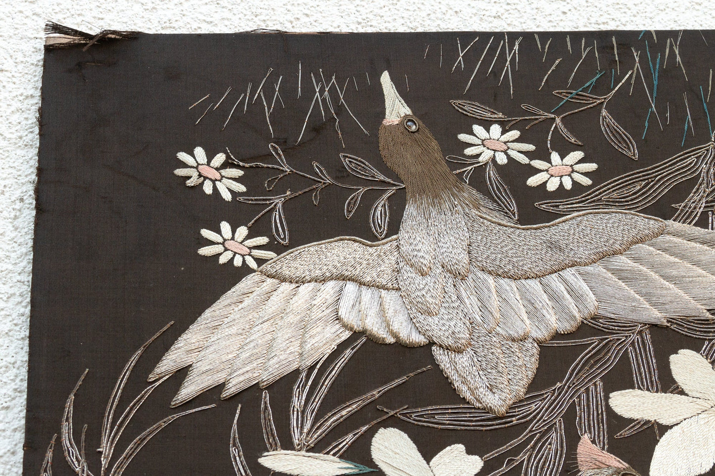 Mid-Century Vintage Embroidered Flying Birds Textile Art