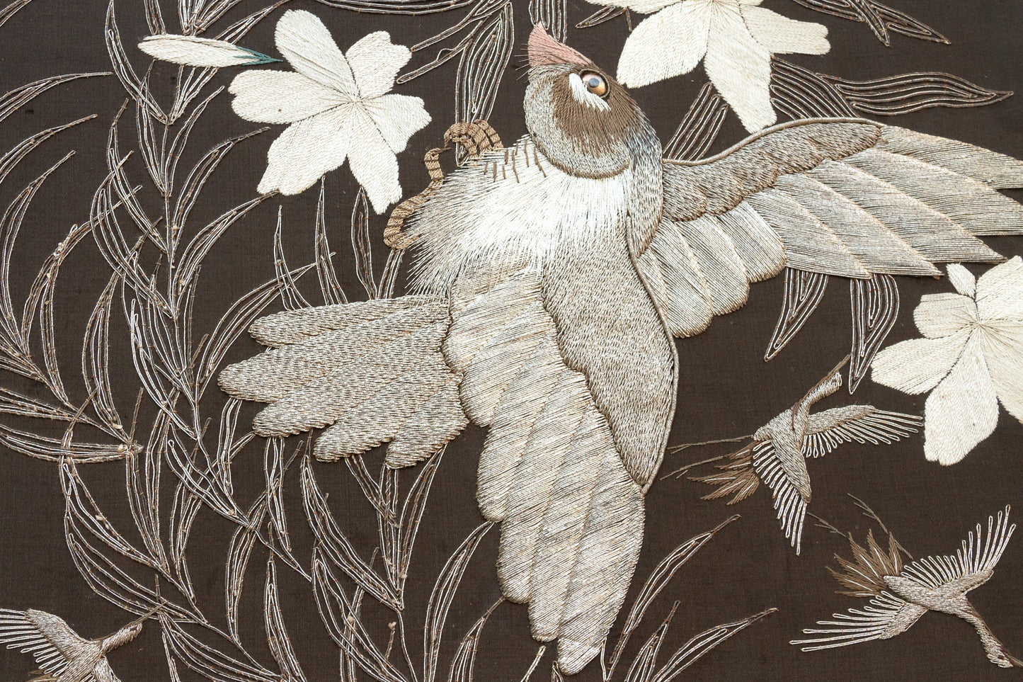 Mid-Century Vintage Embroidered Flying Birds Textile Art
