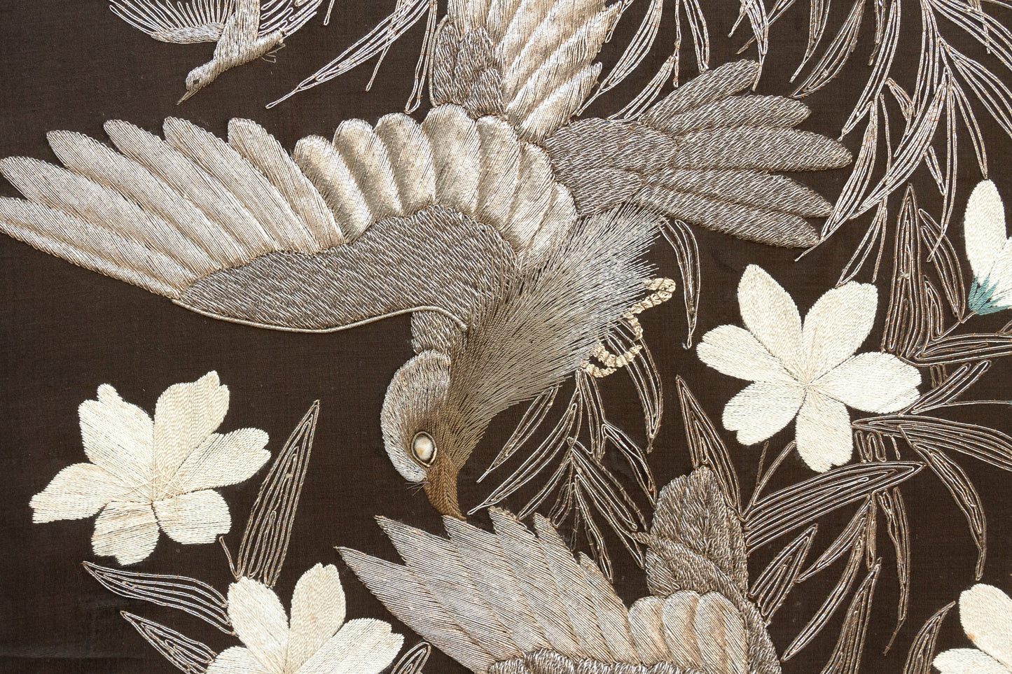 Mid-Century Vintage Embroidered Flying Birds Textile Art