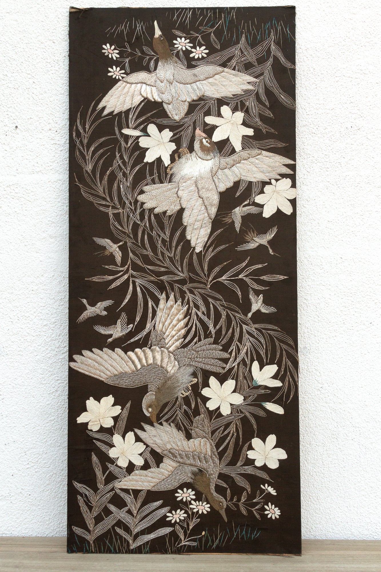 Mid-Century Vintage Embroidered Flying Birds Textile Art