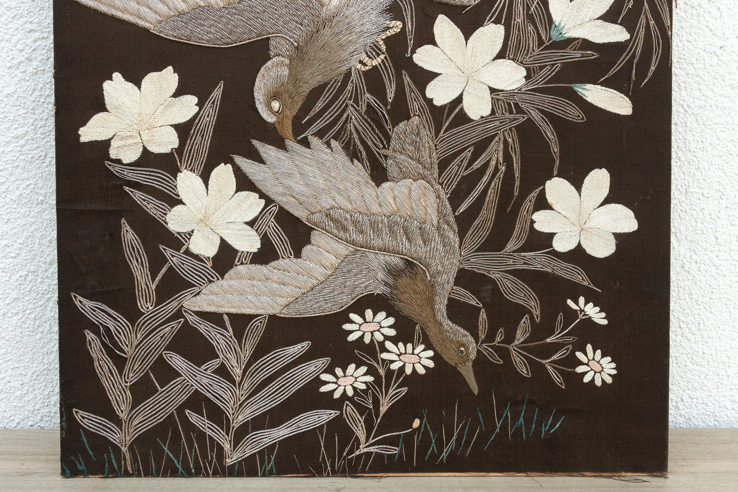 Mid-Century Vintage Embroidered Flying Birds Textile Art