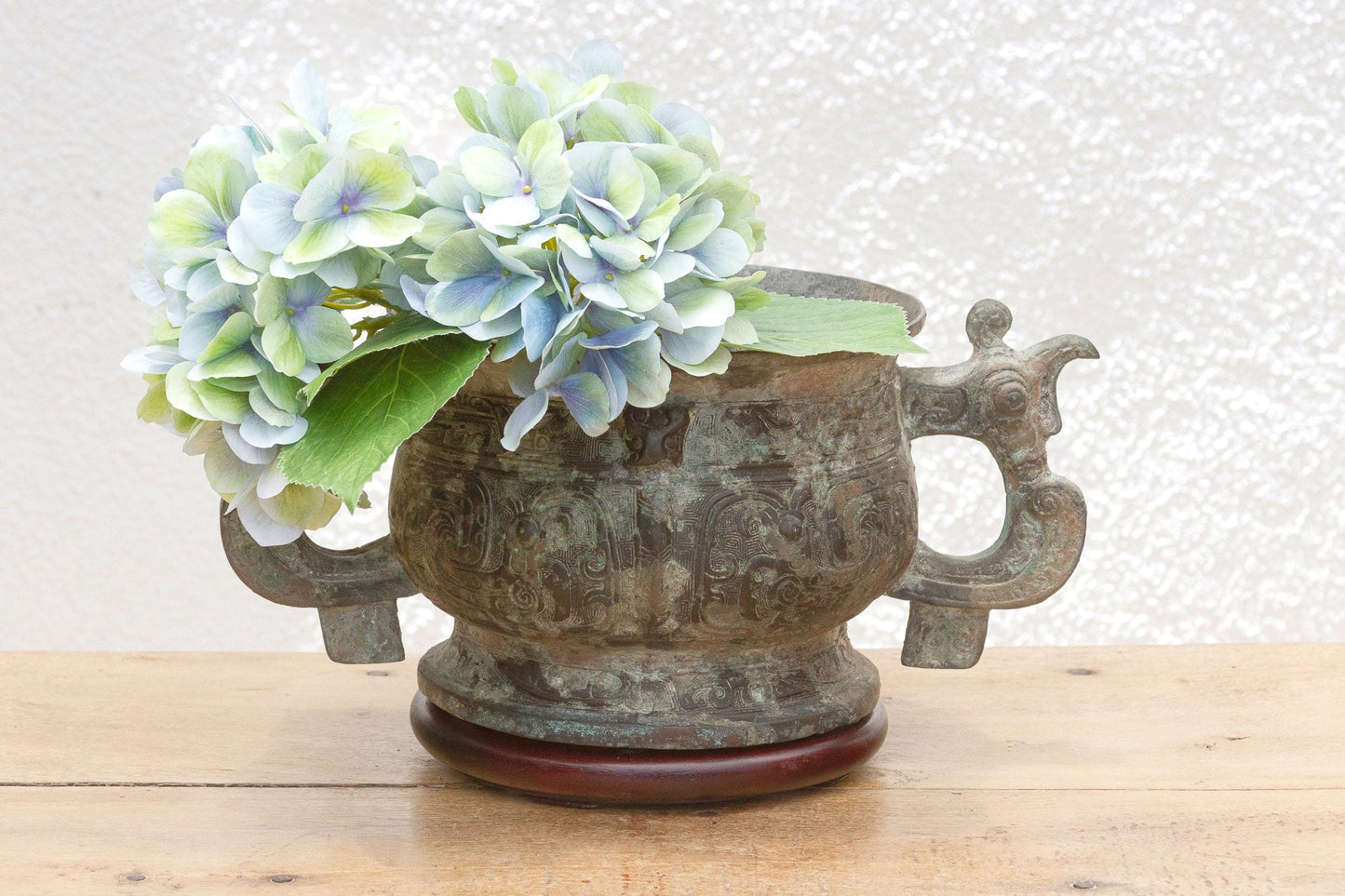 Antique Chinese Dragon Bronze/Wood Vase with Verdigris Patina