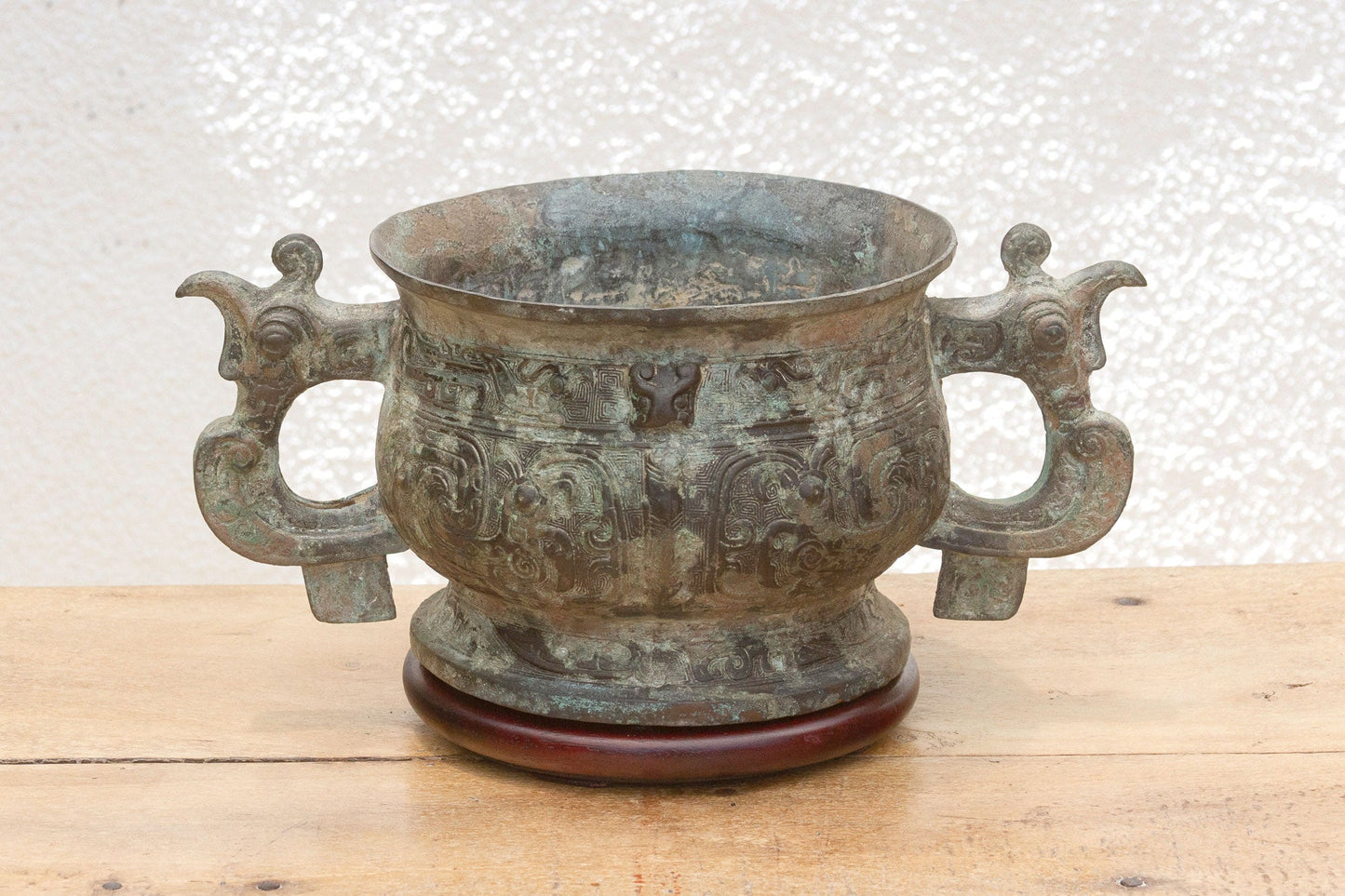 Antique Chinese Dragon Bronze/Wood Vase with Verdigris Patina