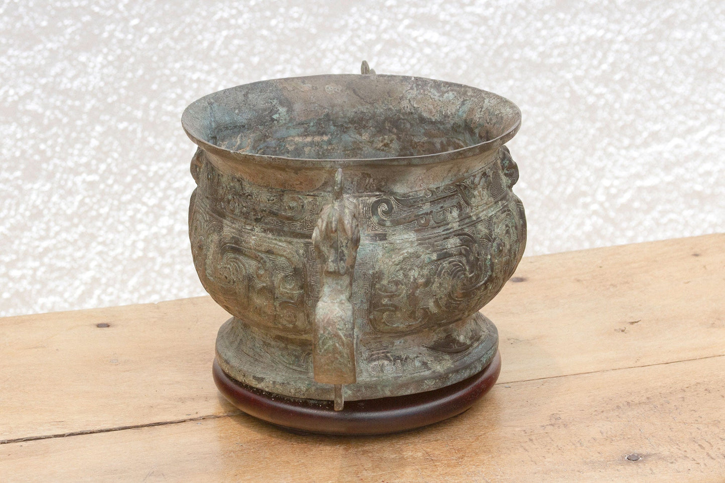 Antique Chinese Dragon Bronze/Wood Vase with Verdigris Patina