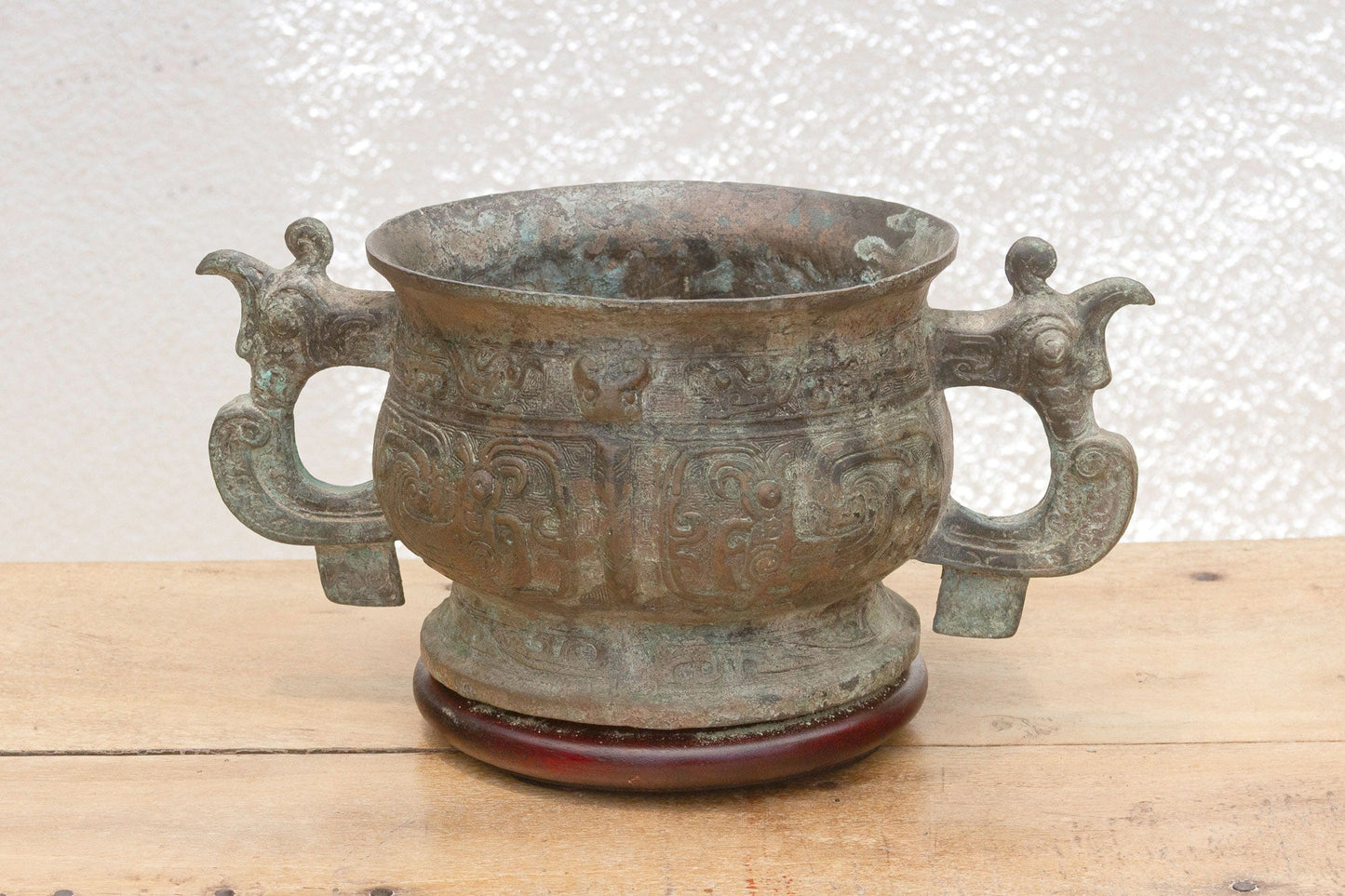 Antique Chinese Dragon Bronze/Wood Vase with Verdigris Patina