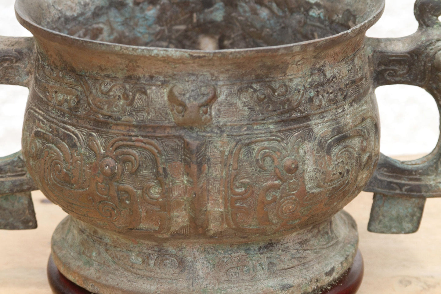 Antique Chinese Dragon Bronze/Wood Vase with Verdigris Patina