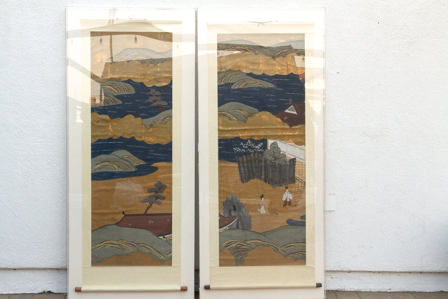 Tall Antique Japanese Nature Scroll Paintings, Set of 2