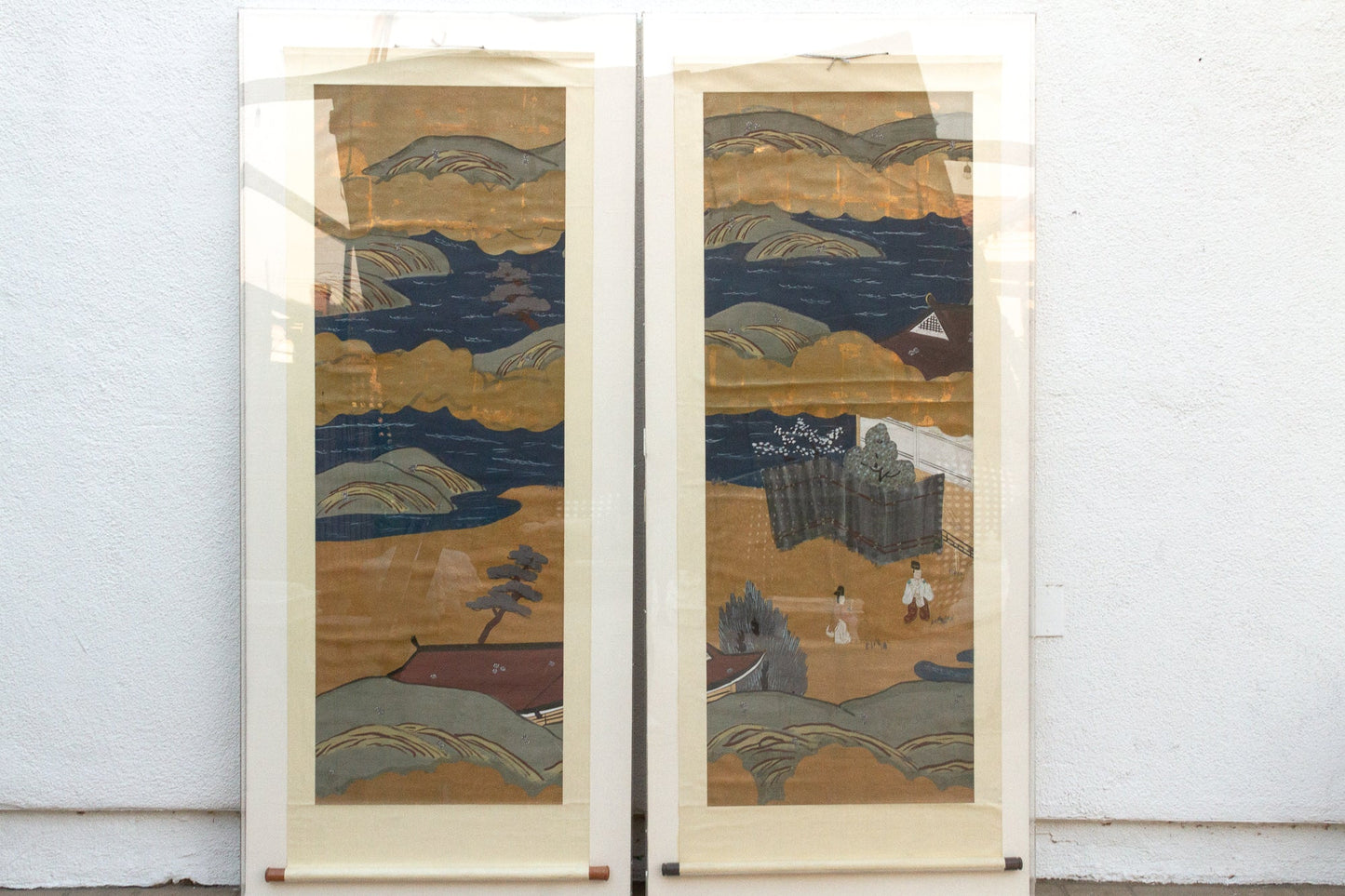 Tall Antique Japanese Nature Scroll Paintings, Set of 2