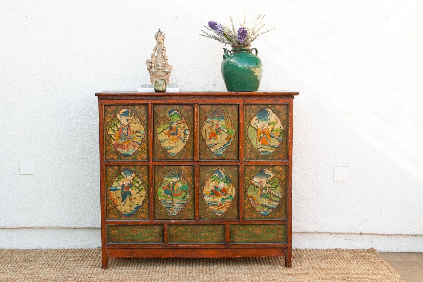 Antique Tibetan Green & Orange Painted Cabinet