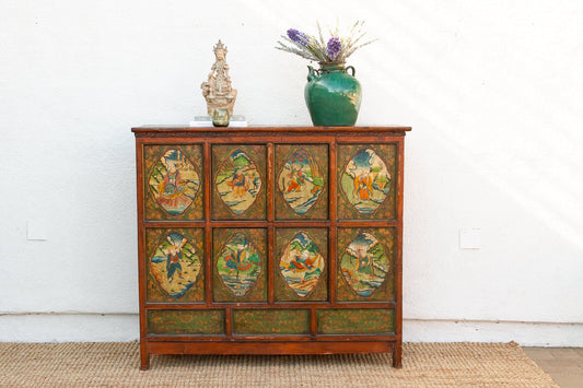 Antique Tibetan Green & Orange Painted Cabinet