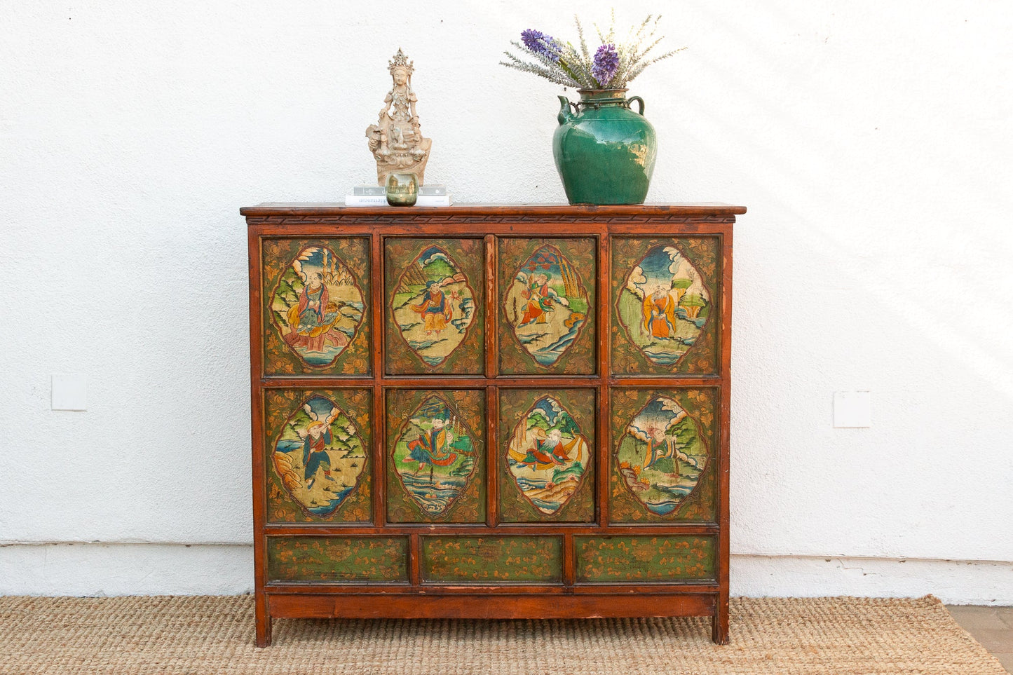 Antique Tibetan Green & Orange Painted Cabinet