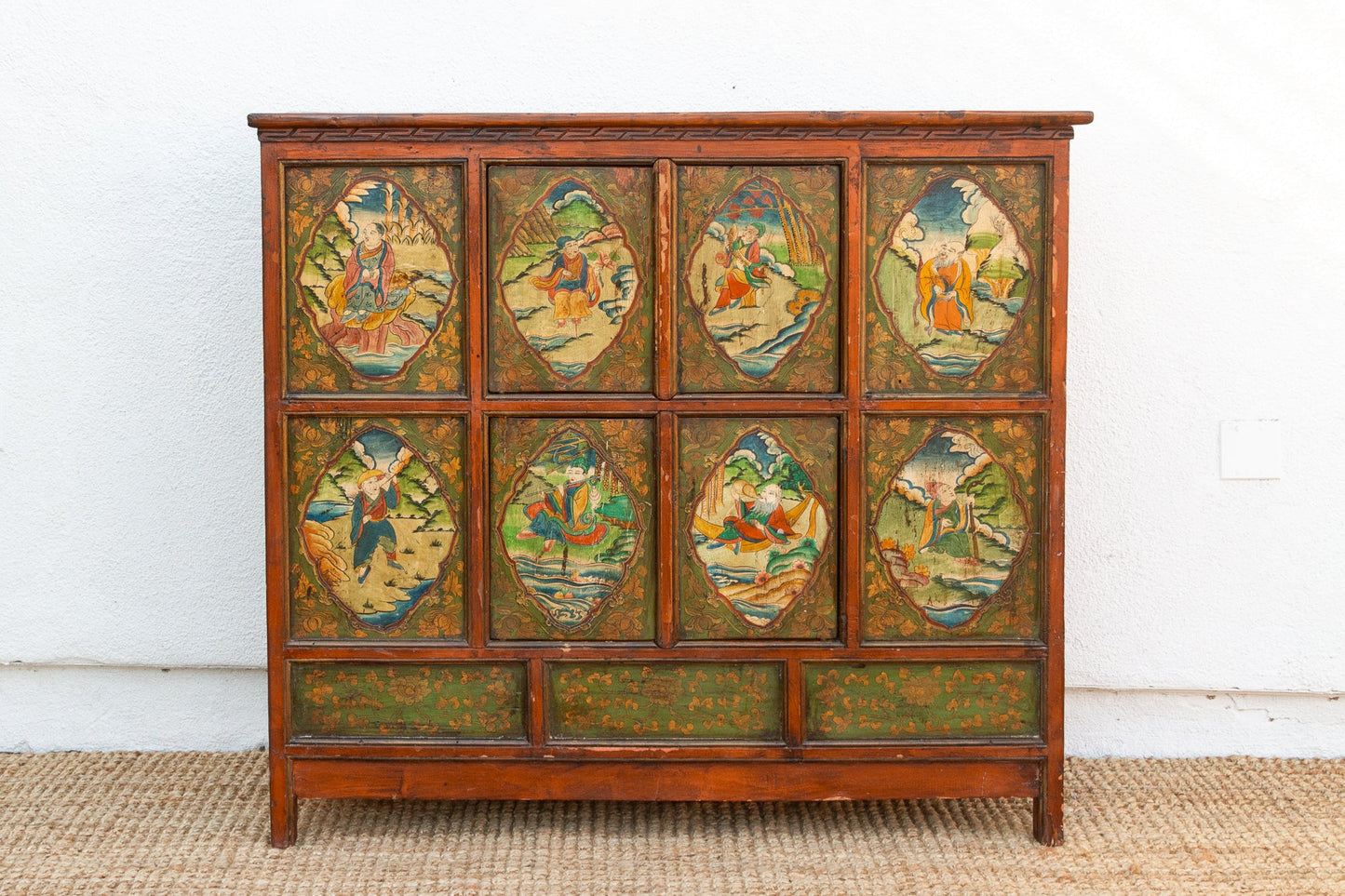 Antique Tibetan Green & Orange Painted Cabinet