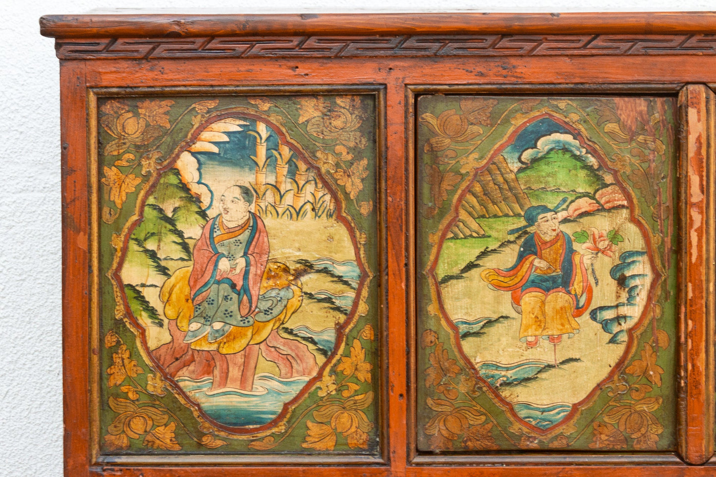 Antique Tibetan Green & Orange Painted Cabinet
