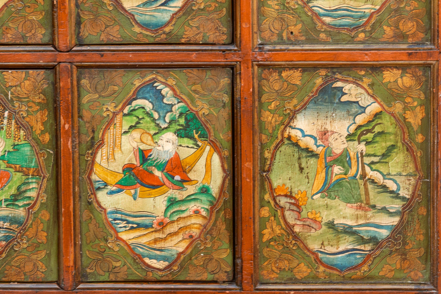 Antique Tibetan Green & Orange Painted Cabinet
