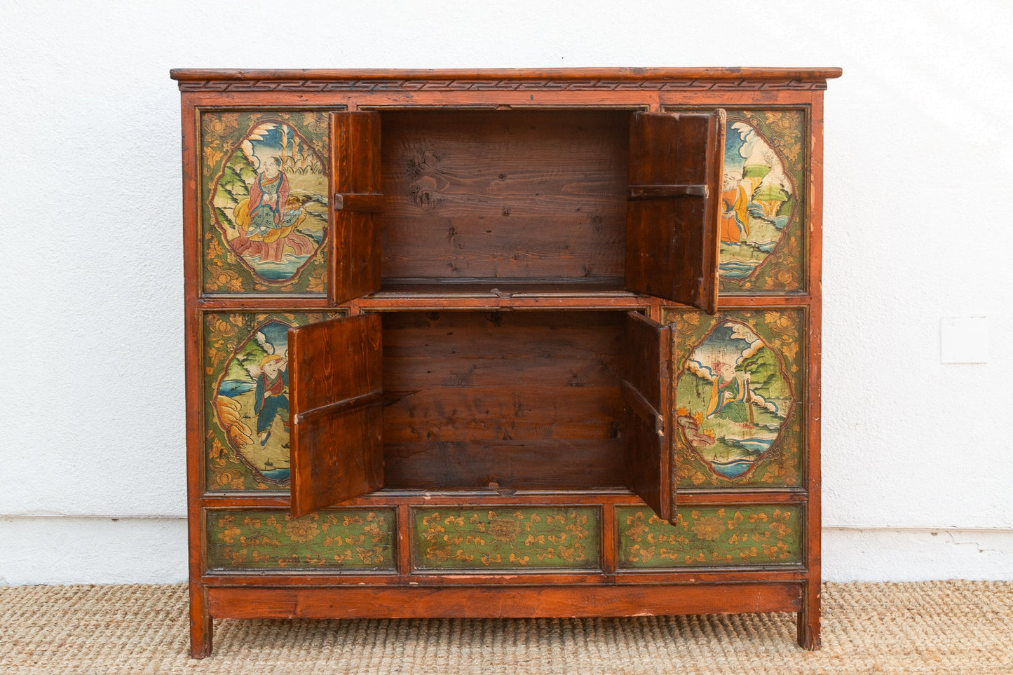 Antique Tibetan Green & Orange Painted Cabinet
