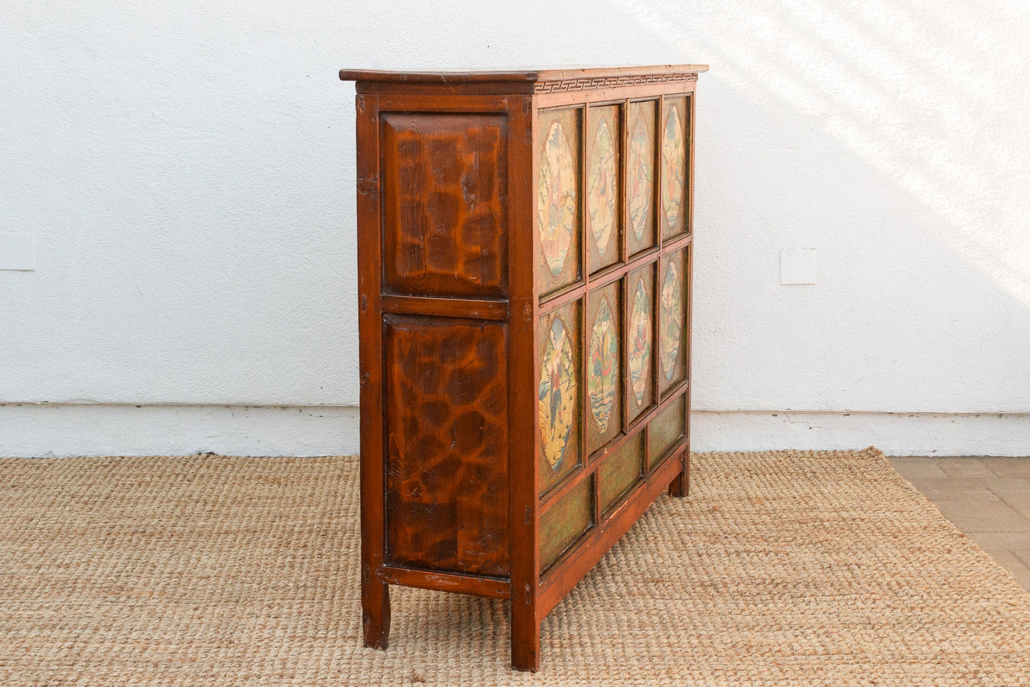 Antique Tibetan Green & Orange Painted Cabinet