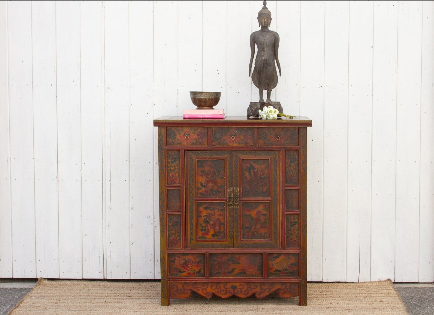 Vintage Mongolian Painted Dragon Buffet Cabinet