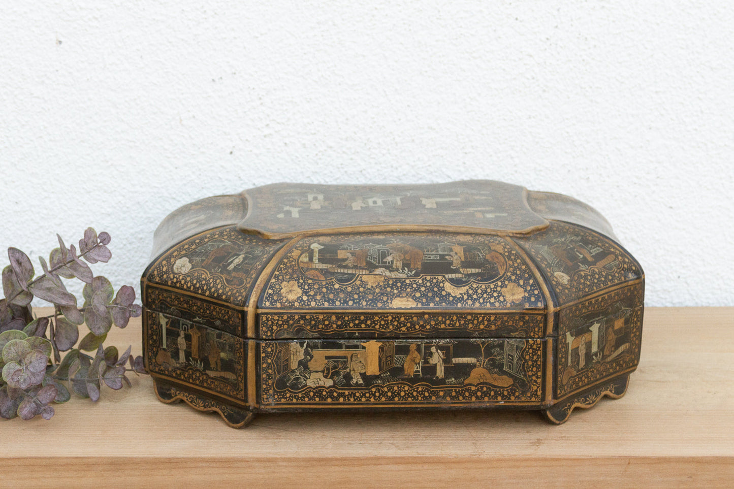 Large Antique Wood Black & Gold Chinoiserie Box