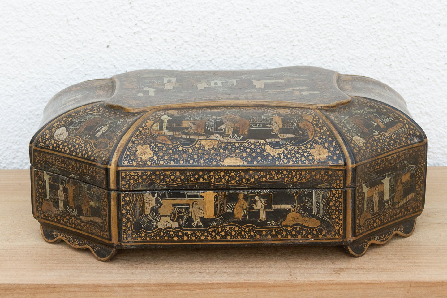 Large Antique Wood Black & Gold Chinoiserie Box