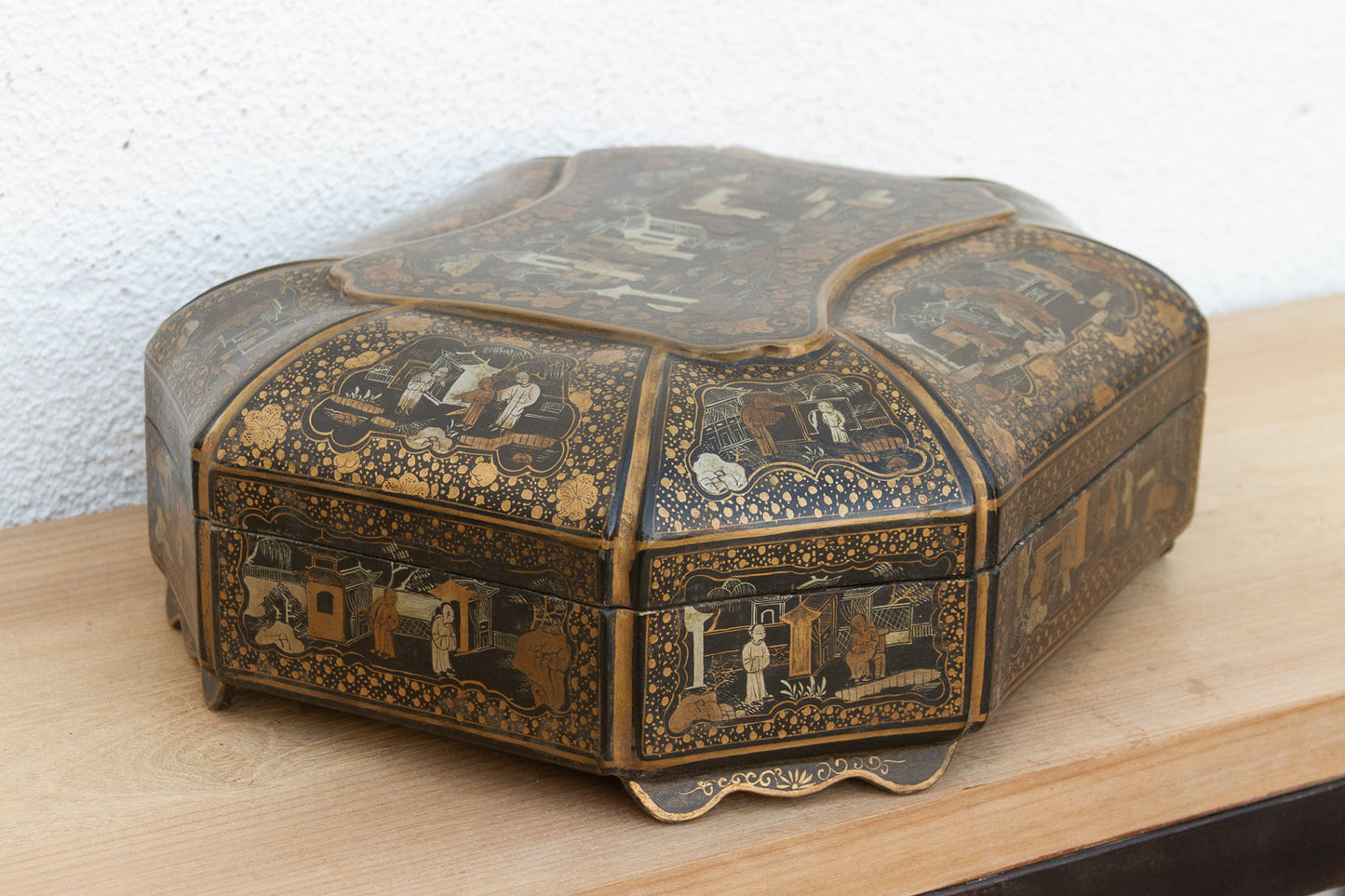 Large Antique Wood Black & Gold Chinoiserie Box