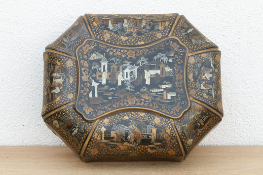 Large Antique Wood Black & Gold Chinoiserie Box