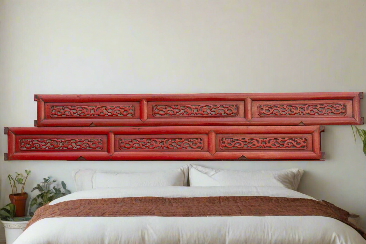 Set of 2 Long Slim Vintage Chinese Red Dragon Panels