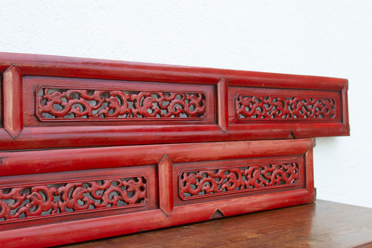 Set of 2 Long Slim Vintage Chinese Red Dragon Panels