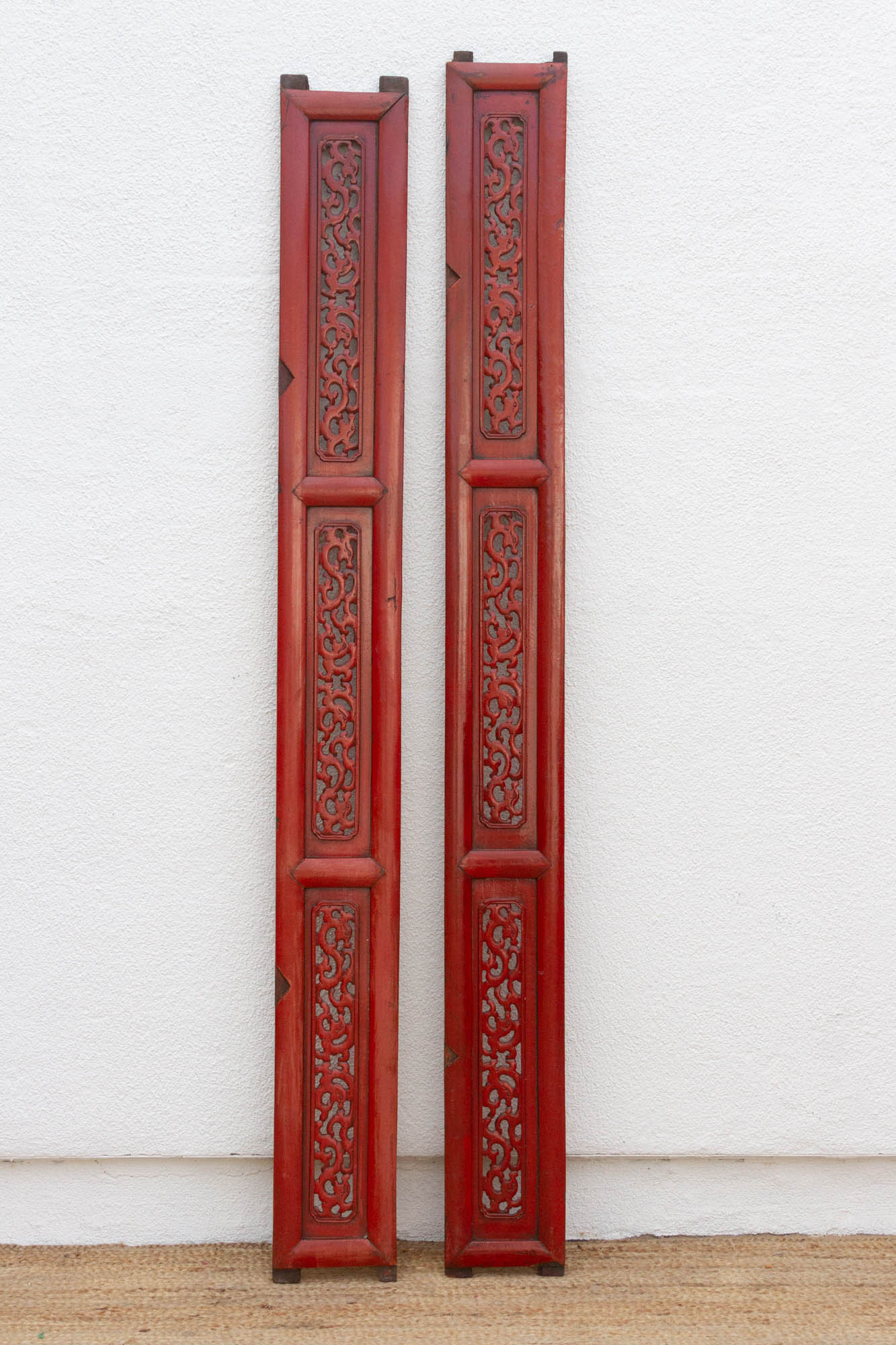 Set of 2 Long Slim Vintage Chinese Red Dragon Panels