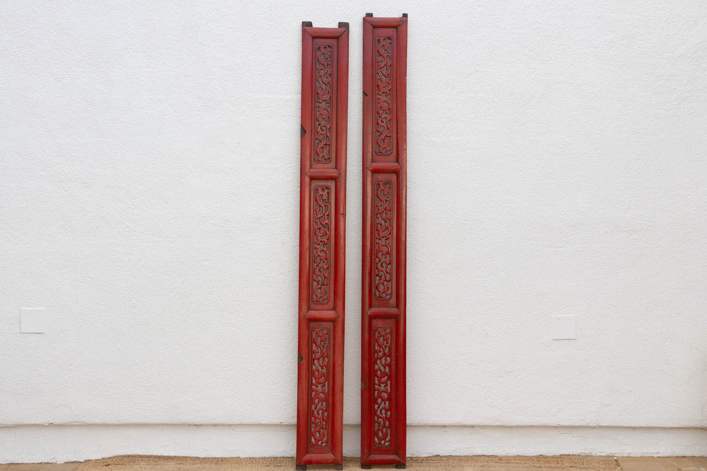 Set of 2 Long Slim Vintage Chinese Red Dragon Panels