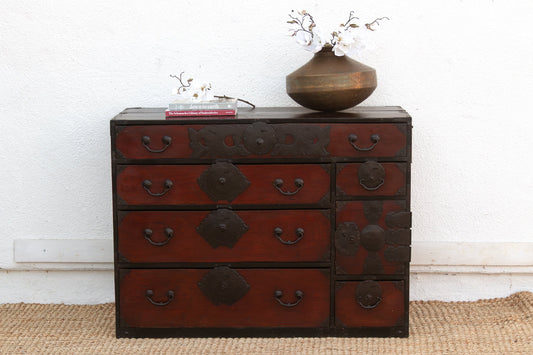 Antique Meiji Era Japanese Metal-Bound Tansu Dresser