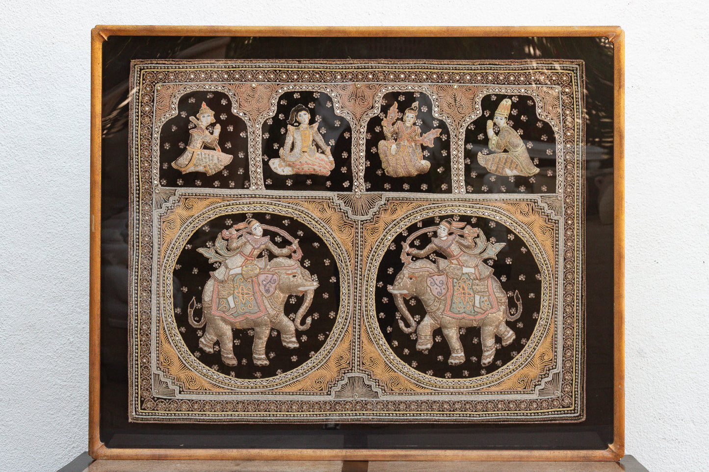 Large Framed Antique Burmese Kalaga Elephants Tapestry