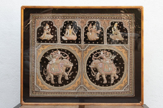 Large Framed Antique Burmese Kalaga Elephants Tapestry