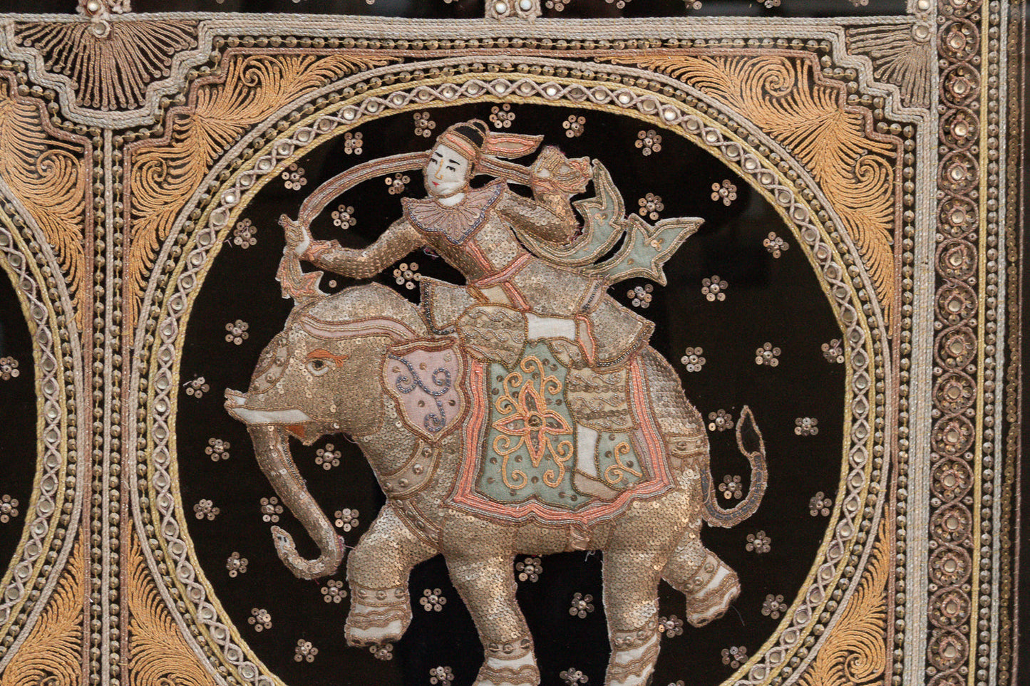 Large Framed Antique Burmese Kalaga Elephants Tapestry
