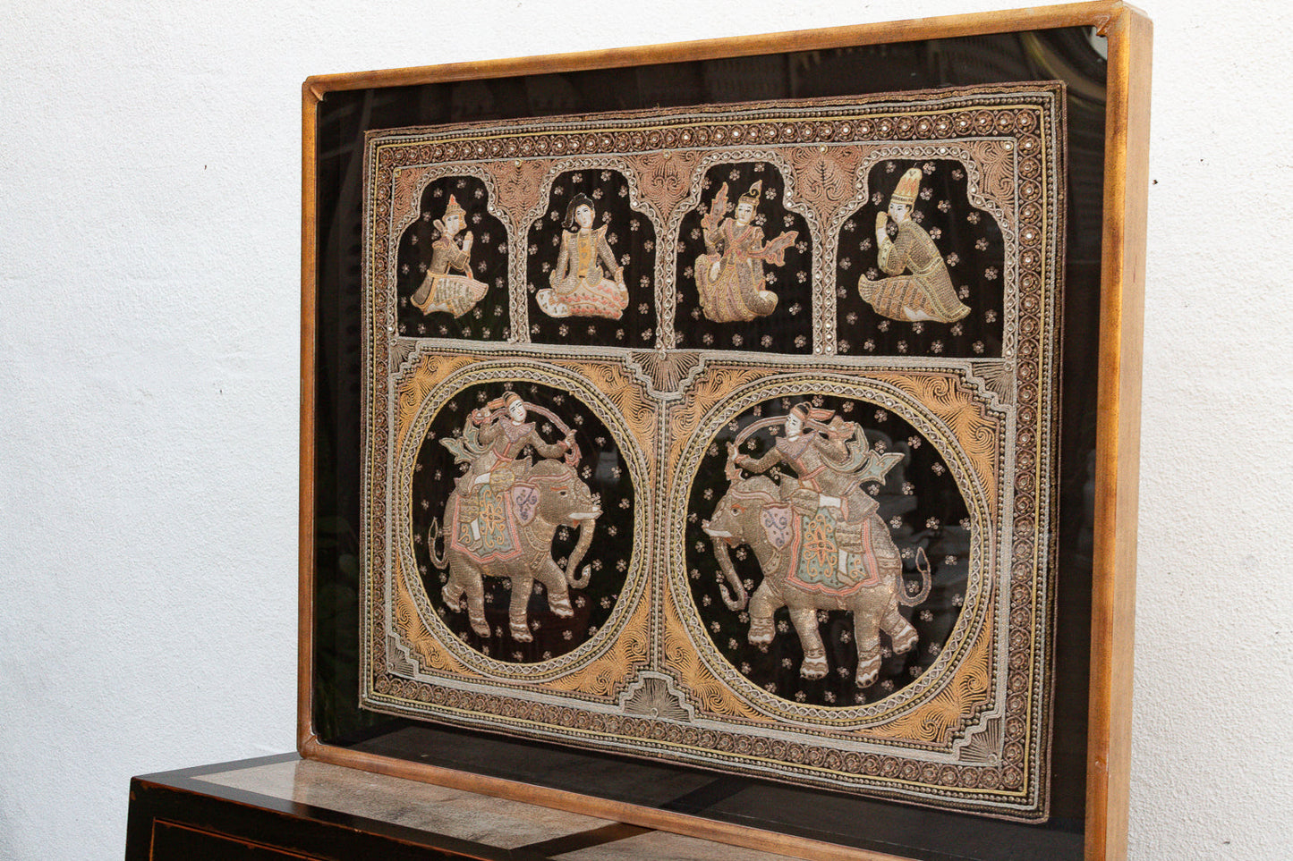 Large Framed Antique Burmese Kalaga Elephants Tapestry
