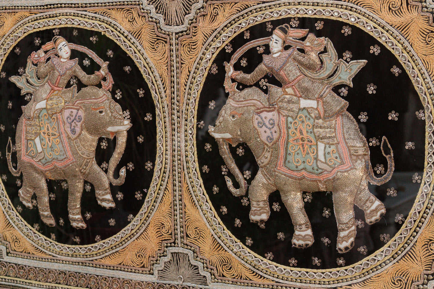 Large Framed Antique Burmese Kalaga Elephants Tapestry