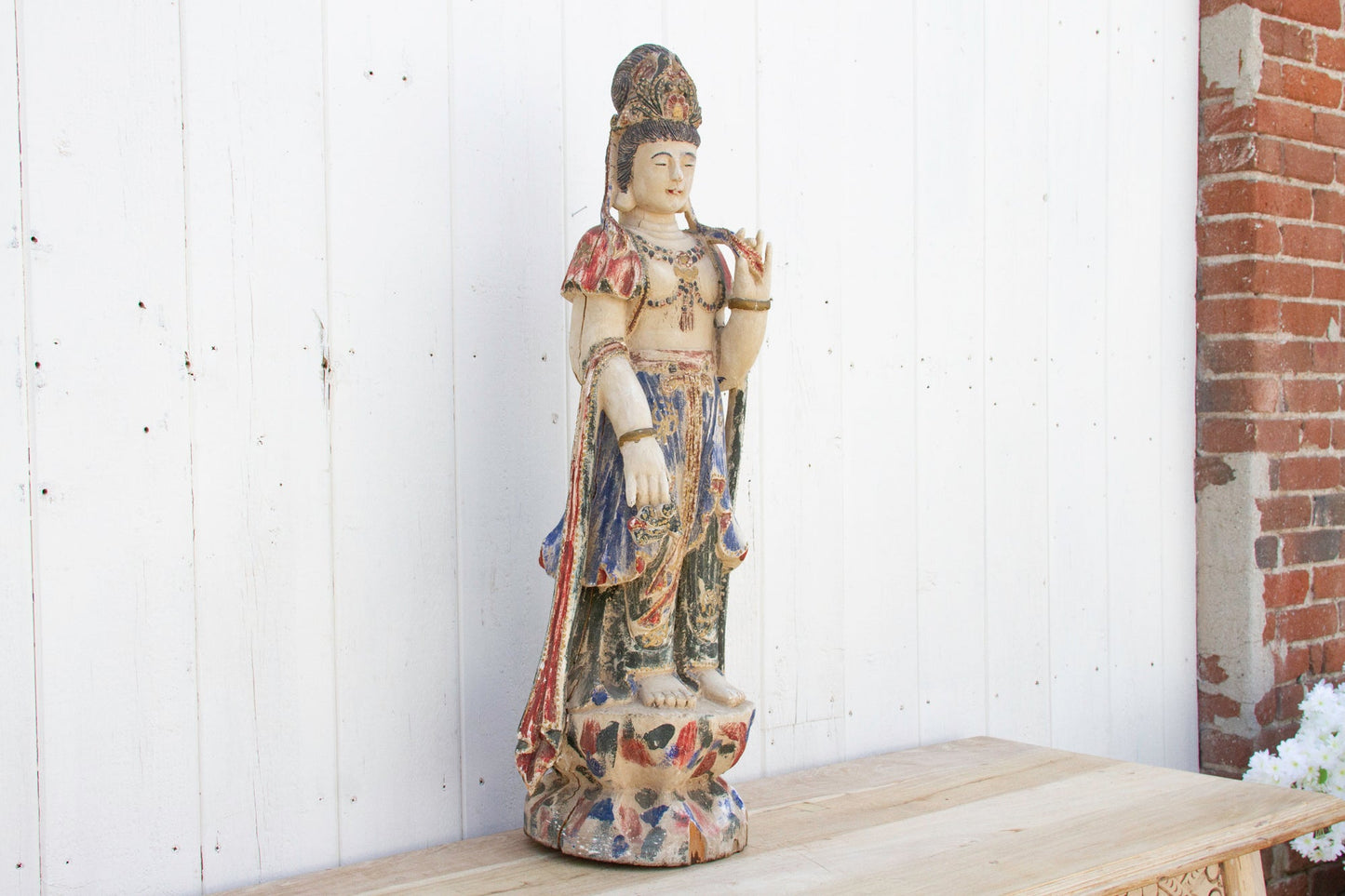 Antique Finely Carved & Painted Chinese Statue of Quan-Yin