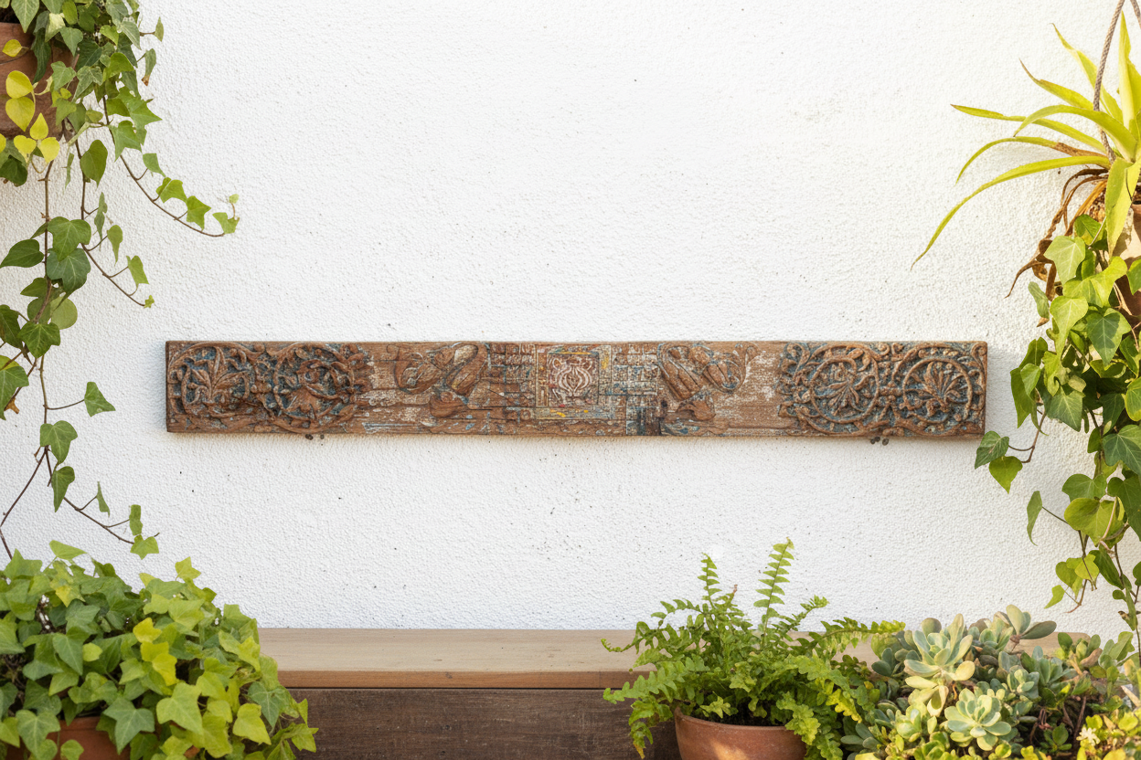 Antique Rare Blue Polychrome Carved Indian Lintel