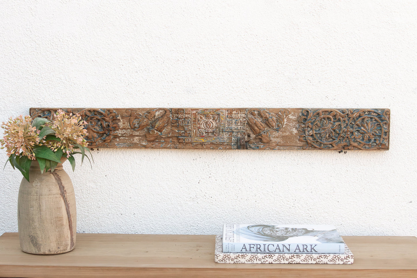 Antique Rare Blue Polychrome Carved Indian Lintel