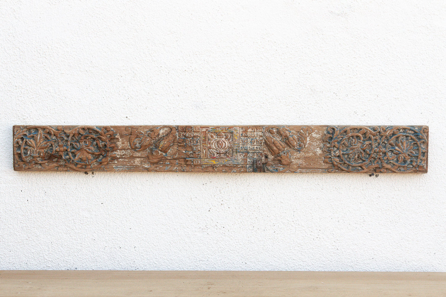 Antique Rare Blue Polychrome Carved Indian Lintel