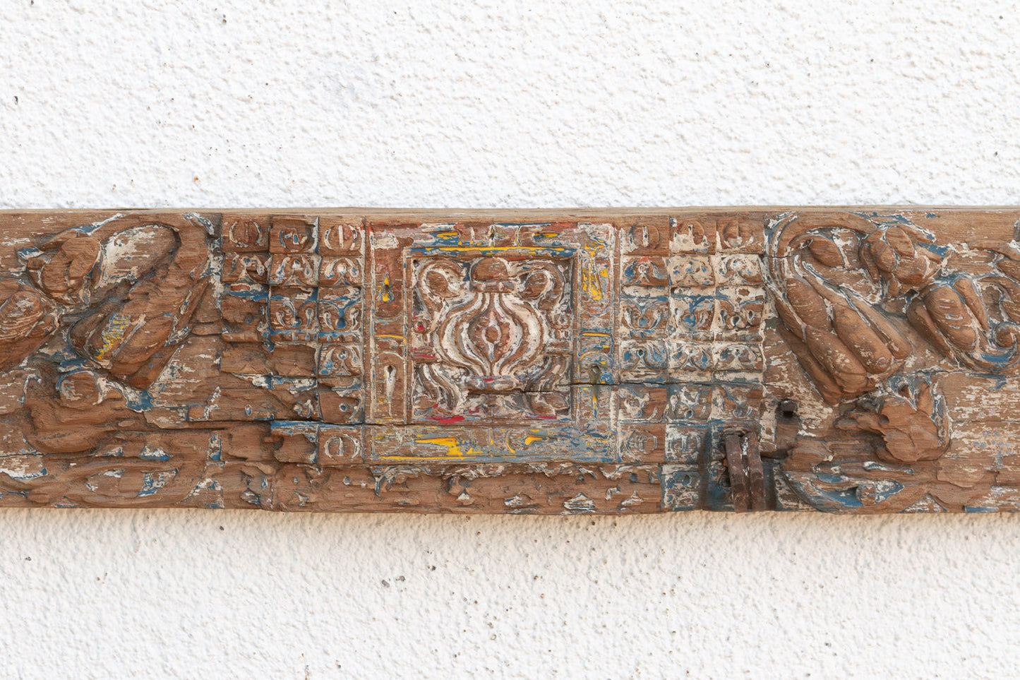 Antique Rare Blue Polychrome Carved Indian Lintel