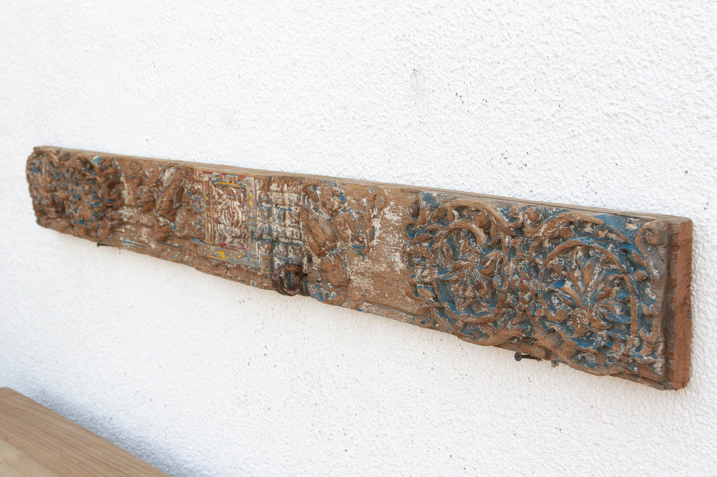 Antique Rare Blue Polychrome Carved Indian Lintel