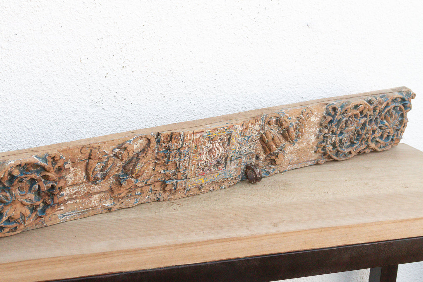 Antique Rare Blue Polychrome Carved Indian Lintel