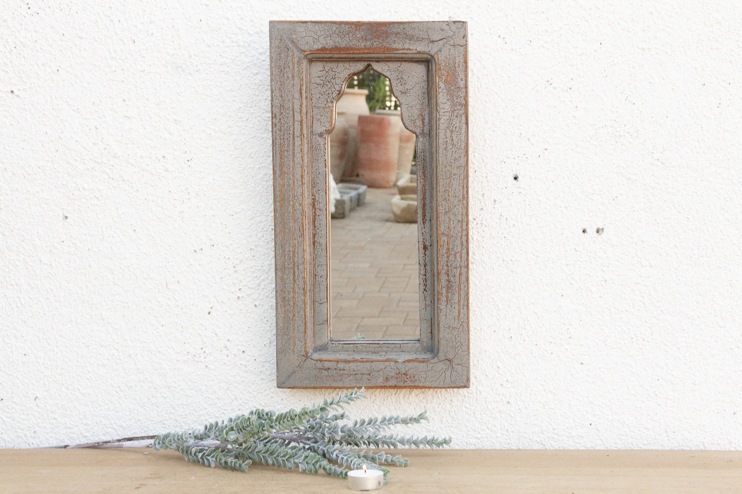Vintage Slate Gray Indian Arched Mirror
