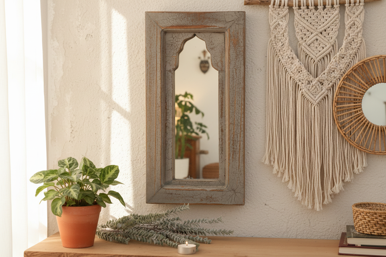 Vintage Slate Gray Indian Arched Mirror