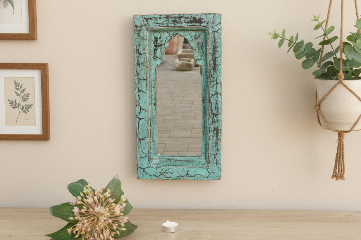 Crackle Vintage Aqua Indian Arched Mirror